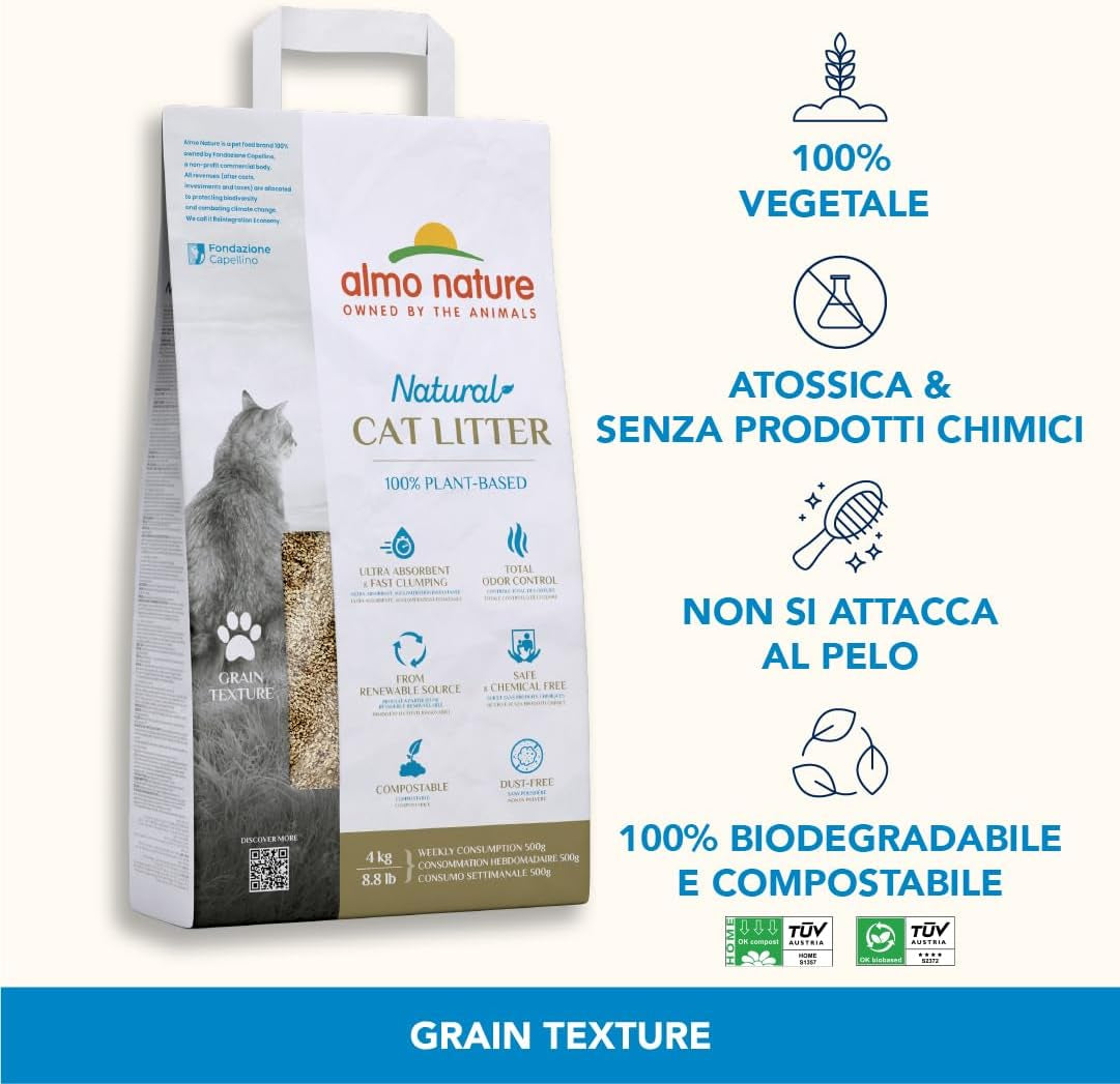 Grain Texture | Lettiera per Gatti 100% Vegetale, Biodegradabile E Compostabile - Agglomerante, Assorbente, No Odori, Non Si Attacca Al Pelo - 4Kg