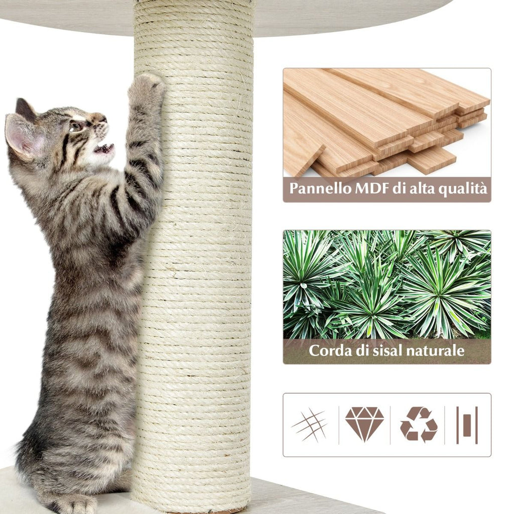 Albero Tiragraffi per Gatti, Torre Di Legno Con Piattaforma Tiragraffi E Cuscini Lavabili Naturale