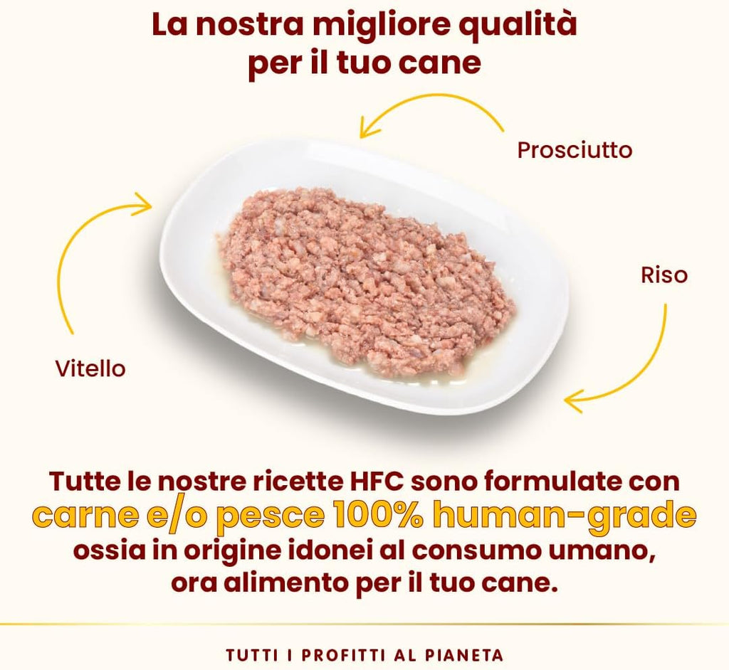 HFC Natural - Alimento Umido per Cani - Vitello Con Prosciutto - Qualità Human Grade, Senza Glutine - 95G, Confezione Da 24
