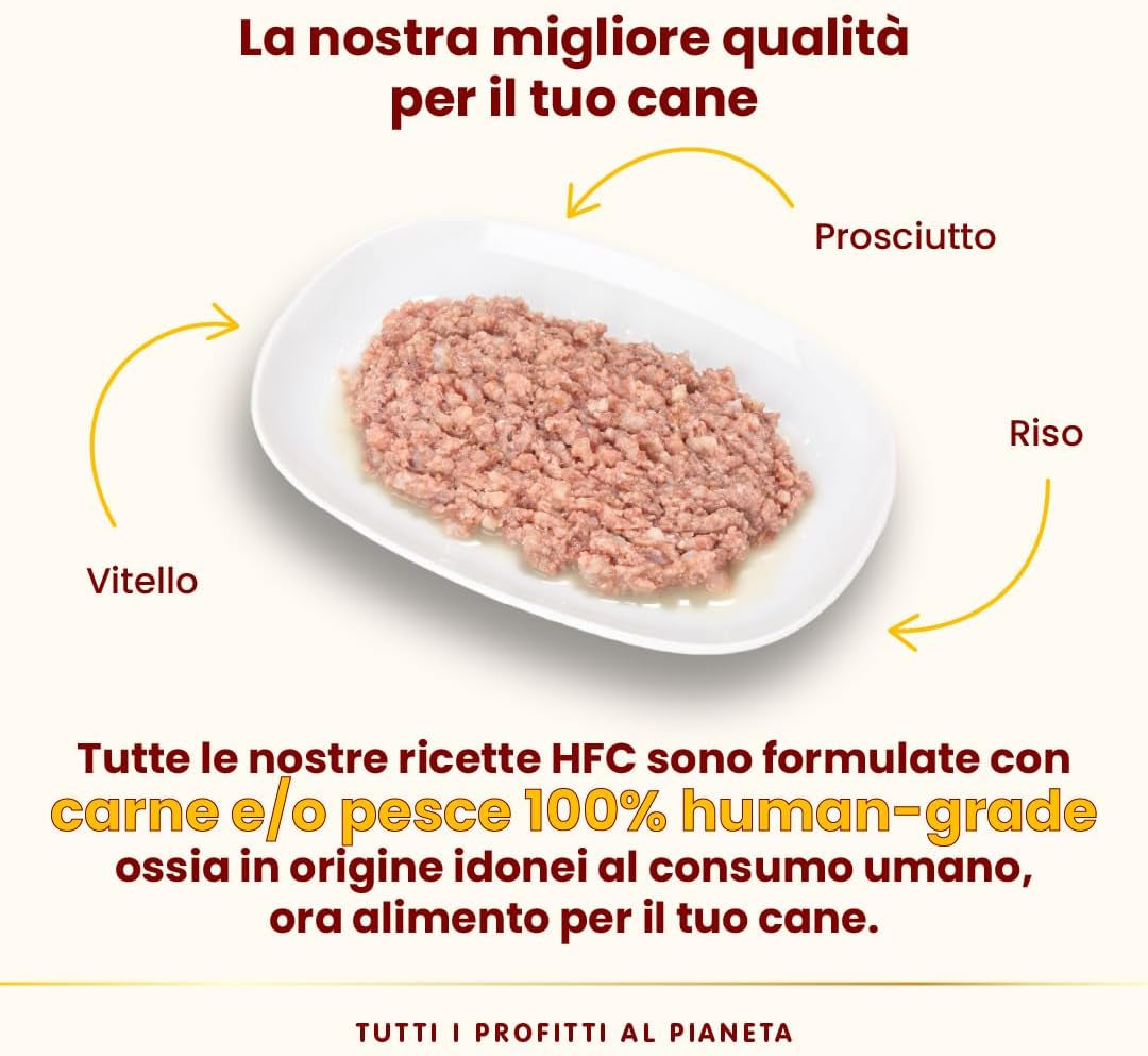 HFC Natural - Alimento Umido per Cani - Vitello Con Prosciutto - Qualità Human Grade, Senza Glutine - 95G, Confezione Da 24