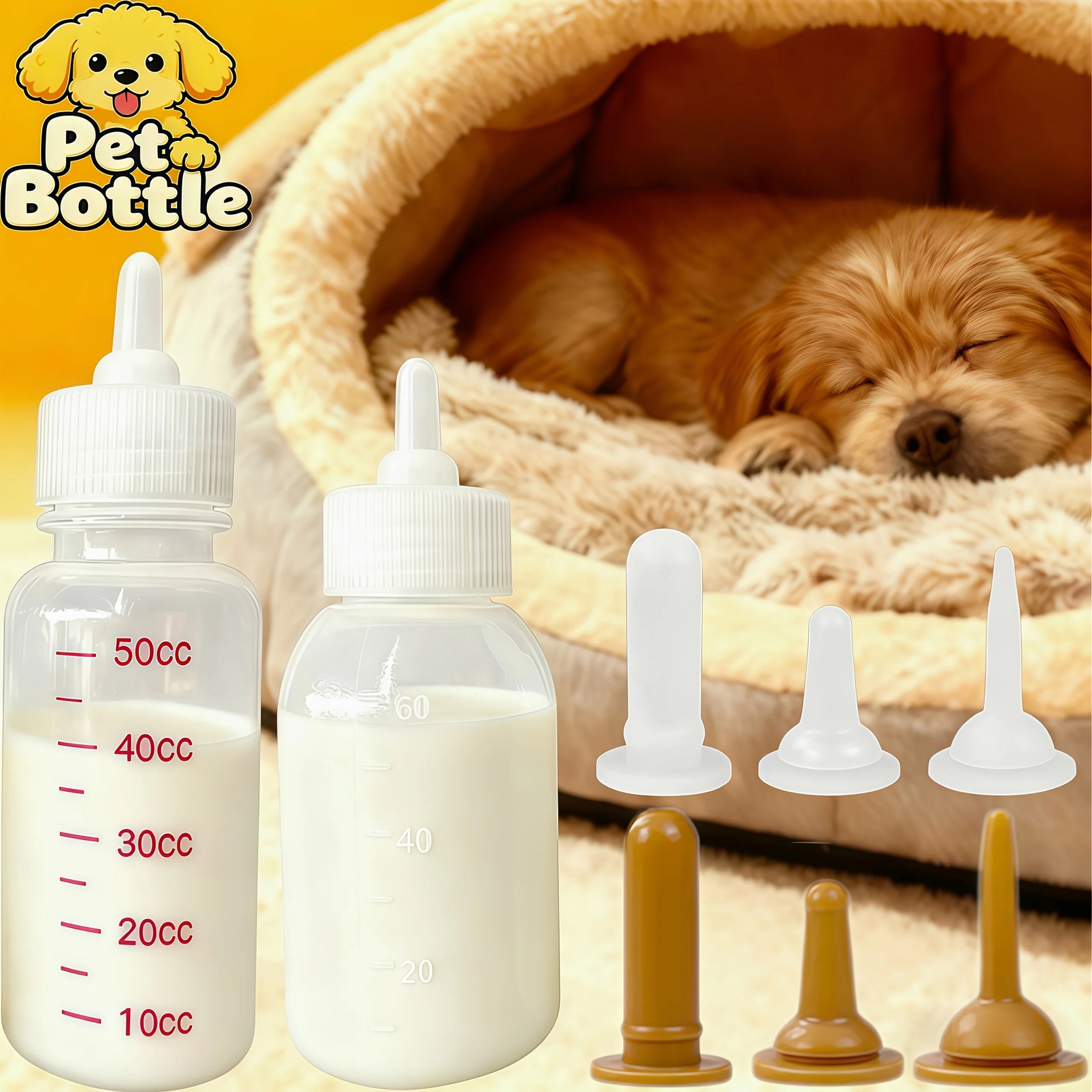 Pet Feeding Bottle Set, Milk Bottles for Puppies and Kittens, 3 Replaceable Nipples, Suitable for Both Cats and Dogs