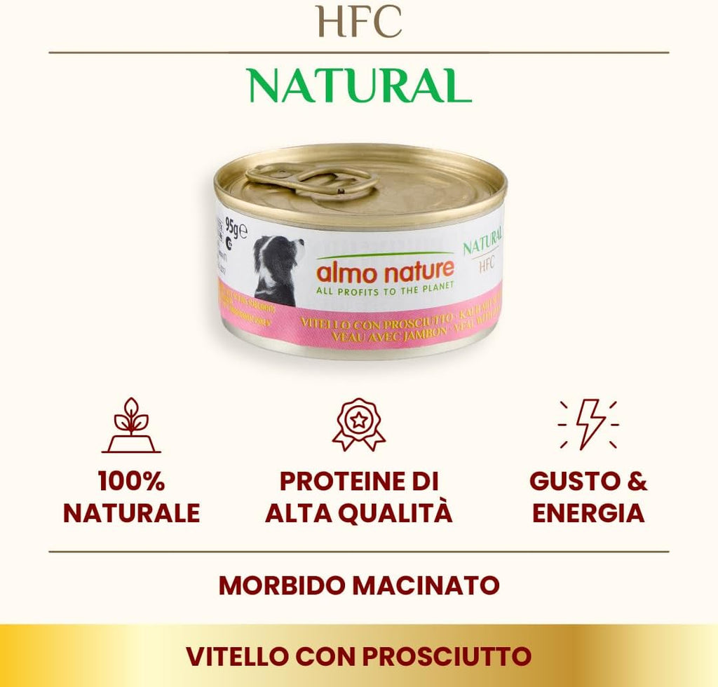 HFC Natural - Alimento Umido per Cani - Vitello Con Prosciutto - Qualità Human Grade, Senza Glutine - 95G, Confezione Da 24